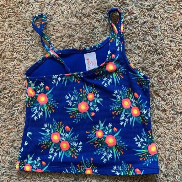 Cat & Jack Girls Bright Neon Floral Asymmetrical Swimsuit Tankini Tank Top - Picture 3 of 5